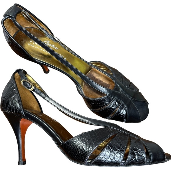 Donald J. Pliner Couture Italy Croc Print Strap Buckle Peep Toe Leather Pumps 8M - Picture 1 of 6